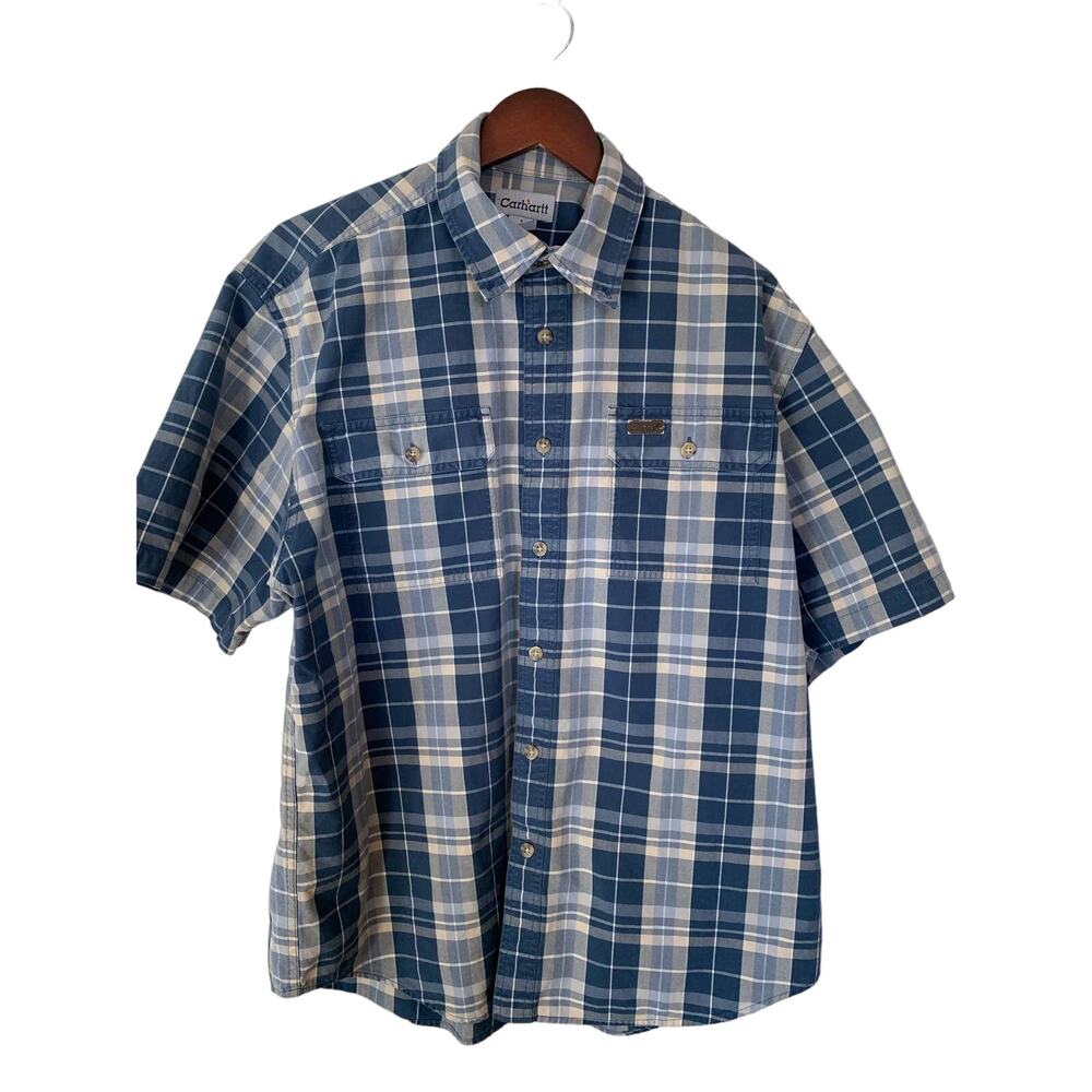 Carhartt short sleeve plaid shirt cotton heavy fabric blue and white